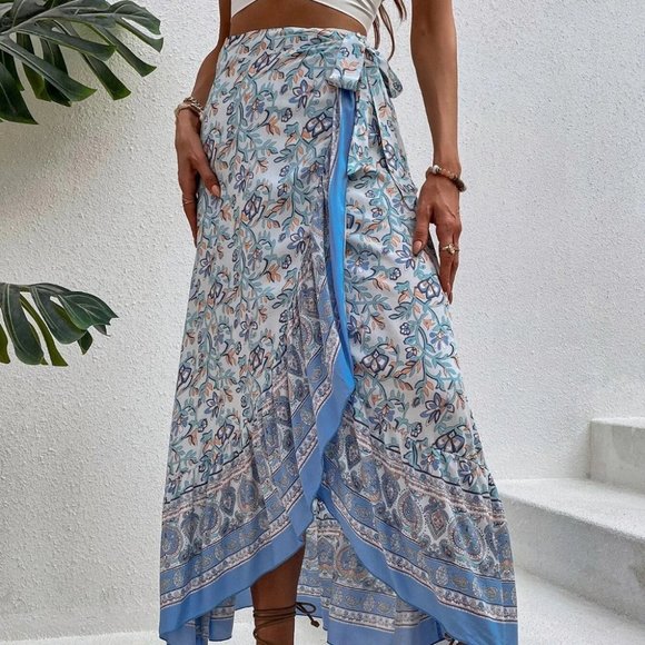 Blue Boho Floral Print Ruffle Trim Wrap Knot Side Skirt - Picture 3 of 5